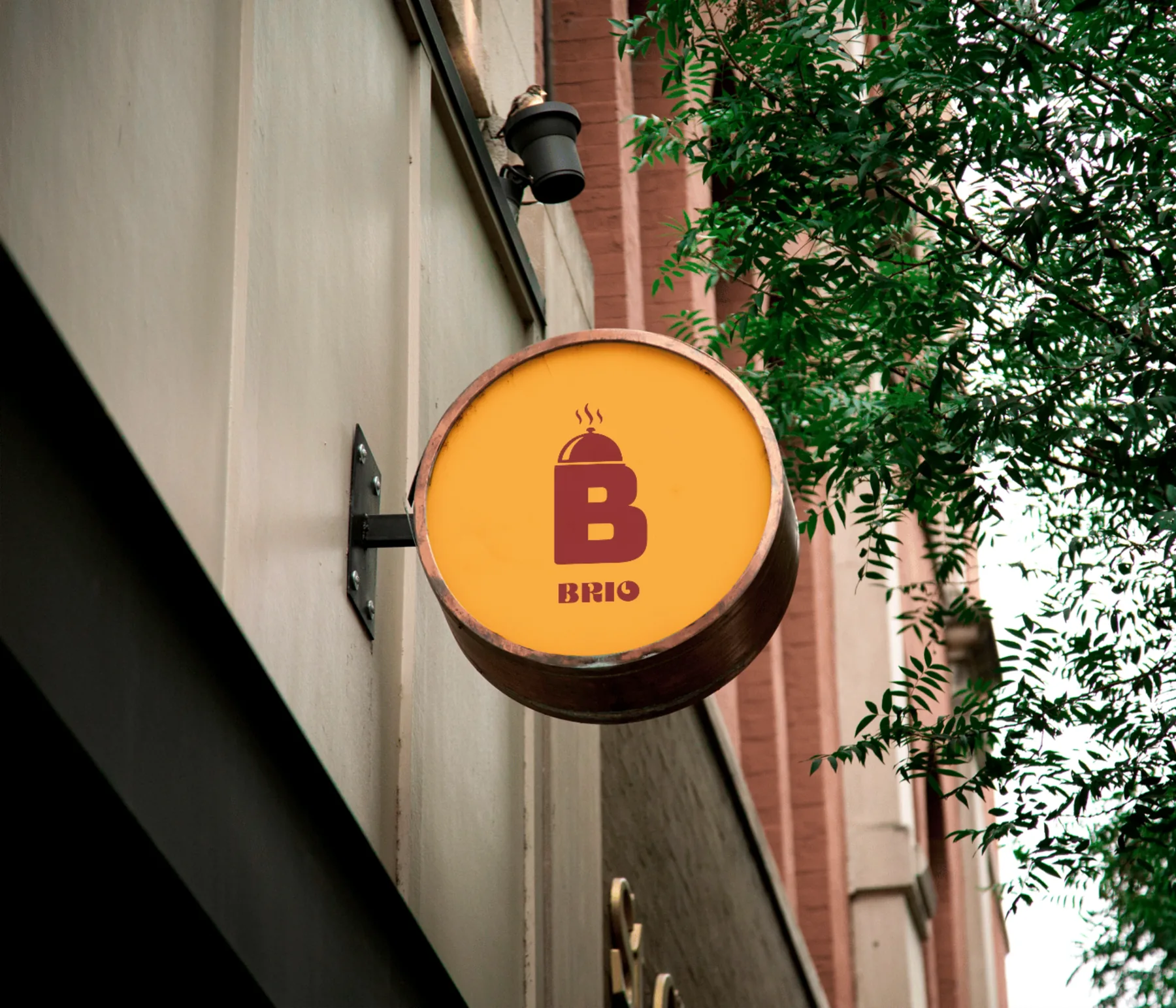 Brio restaurant brand identity, circular signage mockup